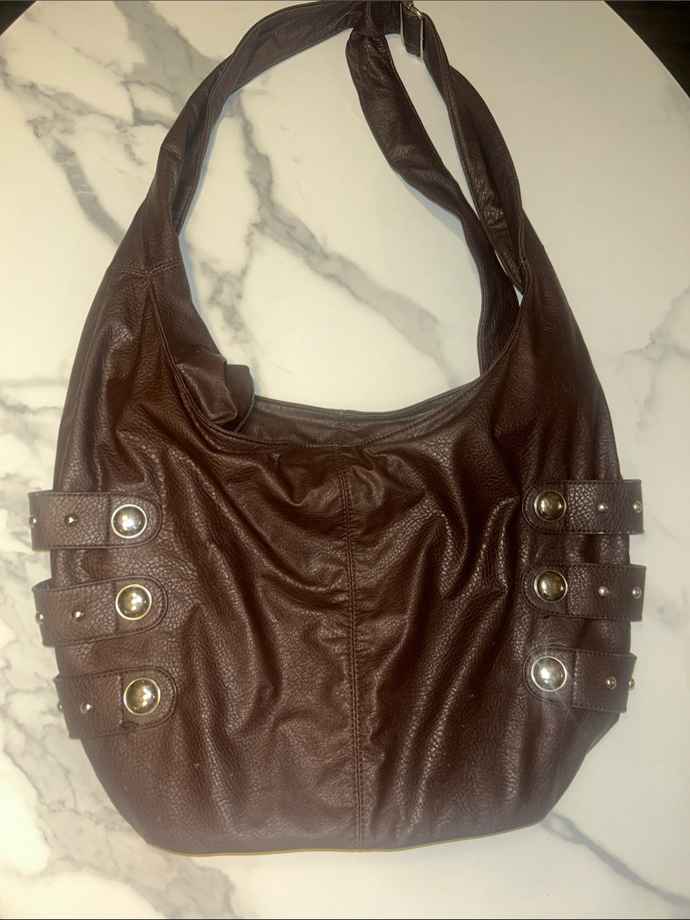 2000’s Brown Leather-Effect Hobo Bag with Stud Details